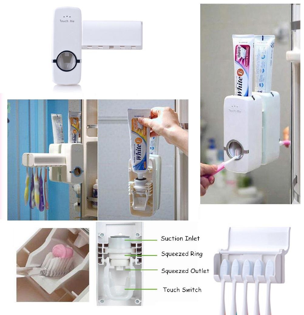 Toothpaste Dispenser and Toothbrush Holder Mounted on Bathroom Wall