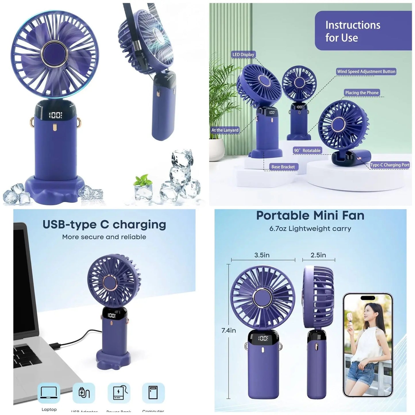 Compact Handheld Fan for Outdoor Use with LED Display Battery Indicator