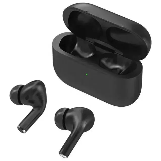 Wireless earbuds with charging case open, black