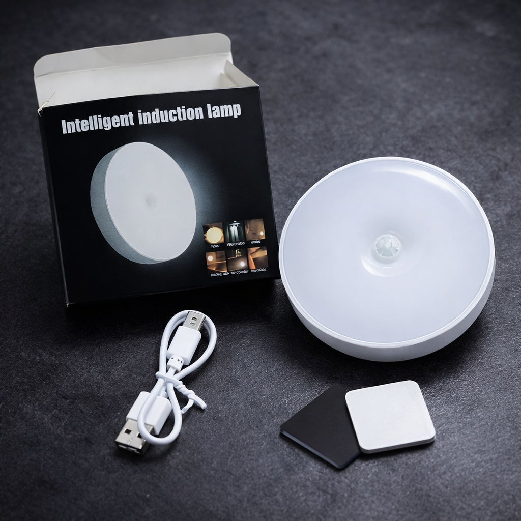 Smart Induction LED Night Light Set – Box, Lamp, Charging Cable & Sticker Pad, Cash on Delivery Pakistan