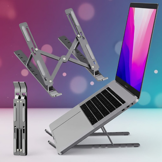 Foldable Aluminum Adjustable Laptop Stand in silver color with laptop on it - 6 height levels