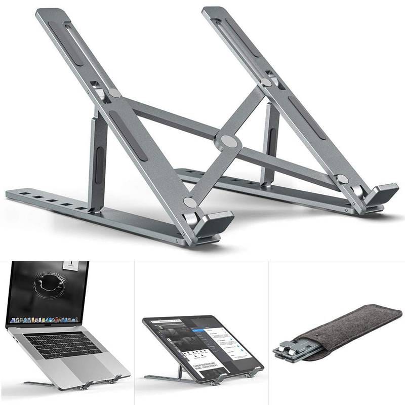Portable foldable laptop stand folded to pocket size for travel