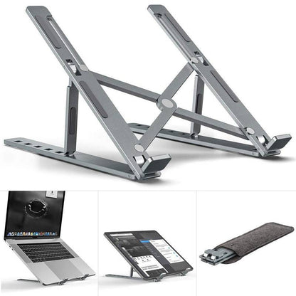 Portable foldable laptop stand folded to pocket size for travel